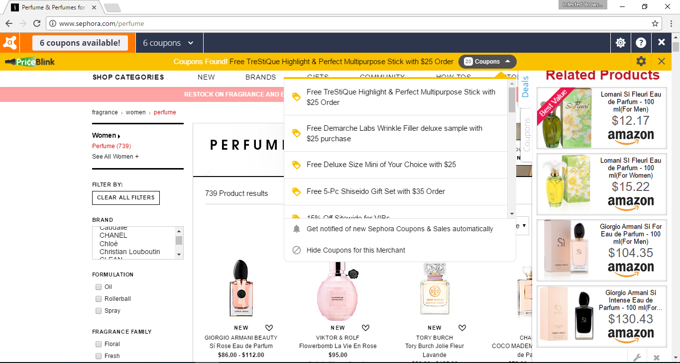 sephora browser injected ads shopify cart abandonment